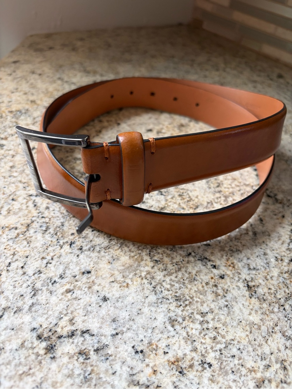 Trafalgar Cameron Tan Italian Leather Dress Belt Stitch Edge Silver Tone Buckle